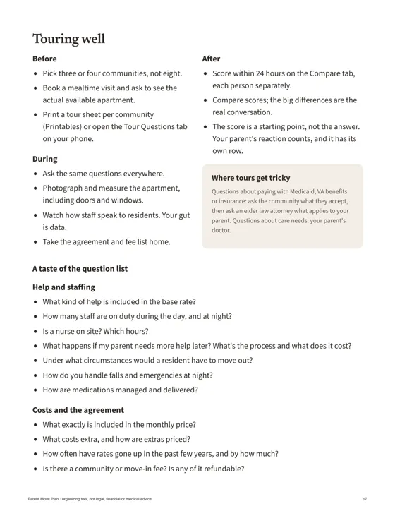 Guide page with advice before, during and after tours
