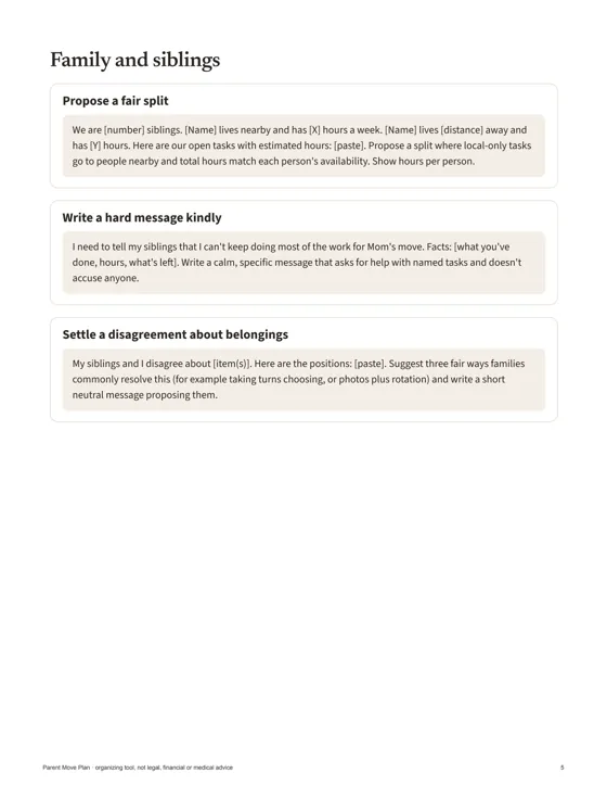 Page from the AI prompt collection with prompts for family and siblings