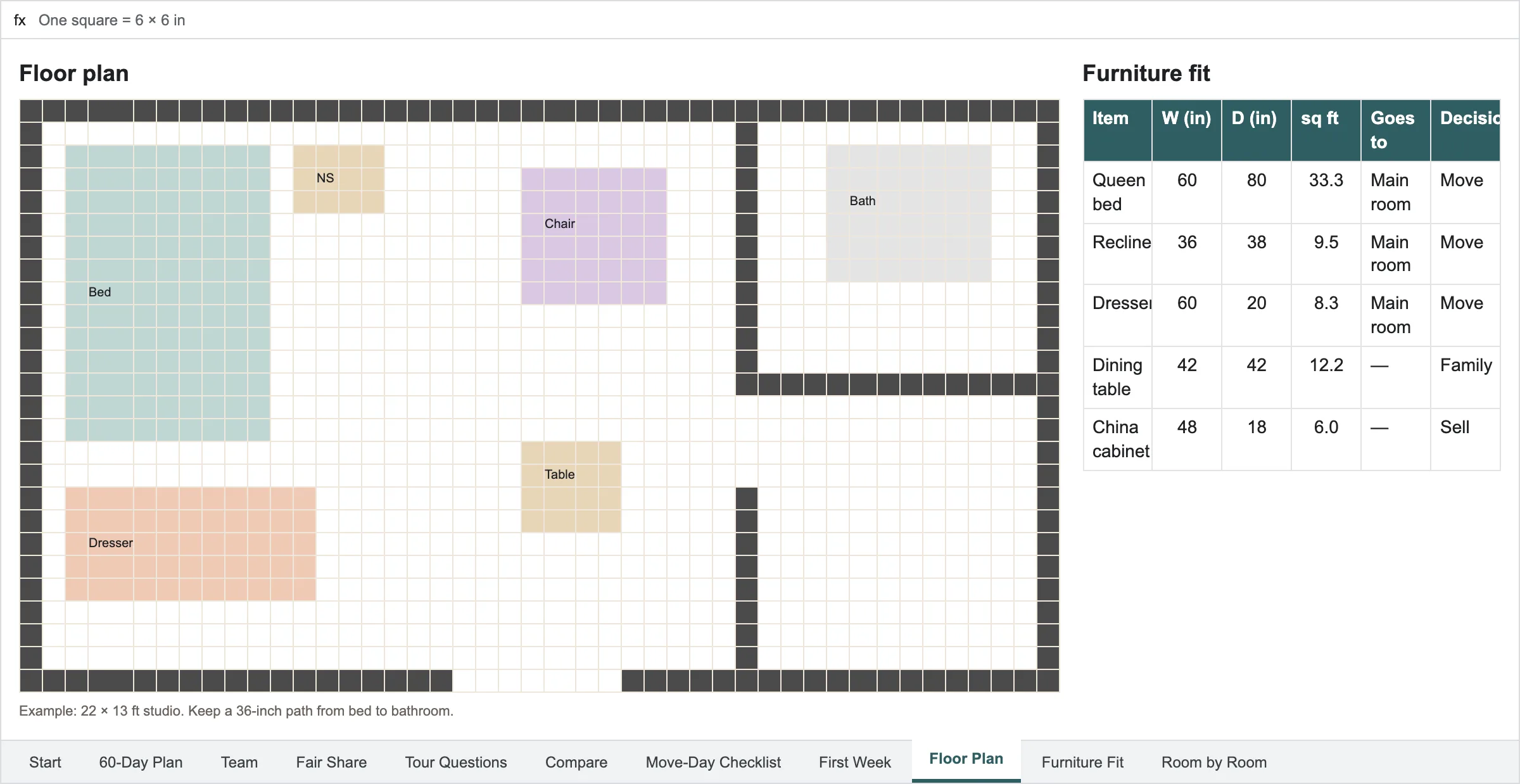 The Floor Plan tab with a studio drawn in squares: bed, nightstand, dresser, recliner and table, next to the Furniture Fit list.