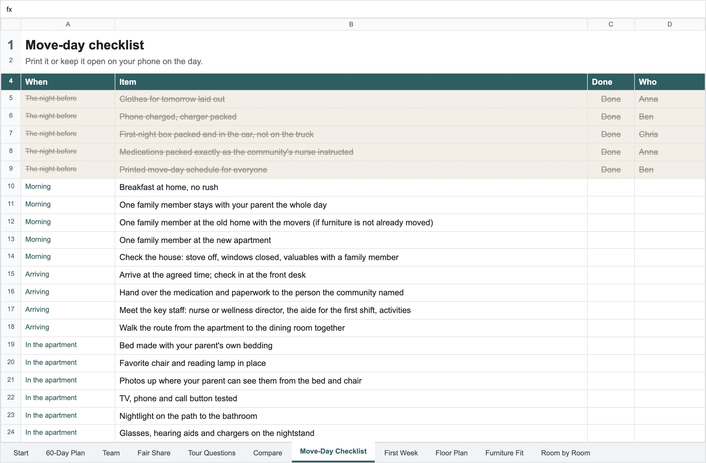 The Move-Day Checklist tab grouped into the night before, morning, arriving and in the apartment.